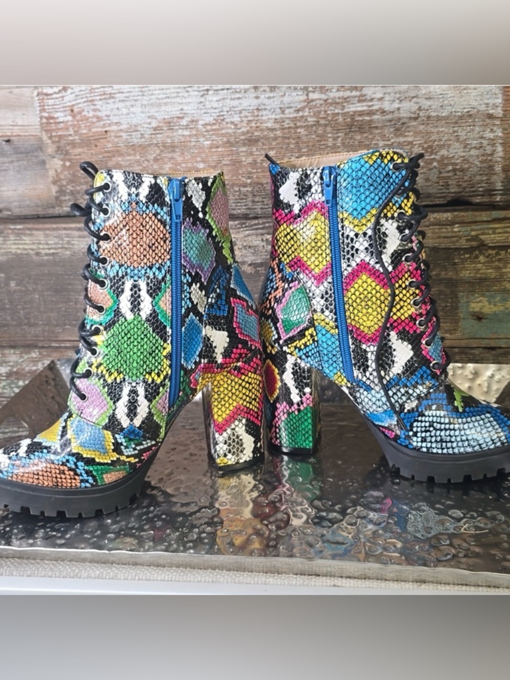 Mata Multicolor Snake-Print Lace-Up Block Heel Boot Size